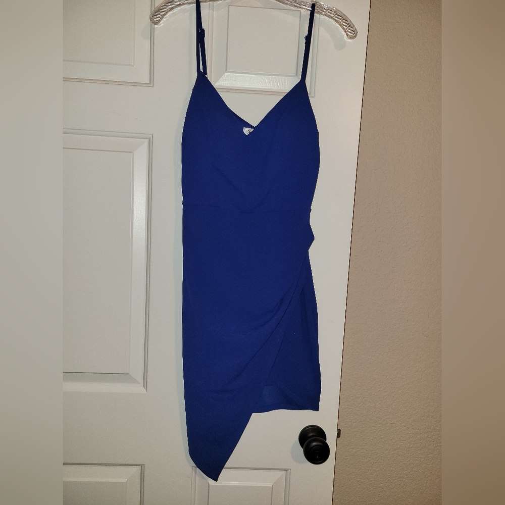 Emerald Sundae Royal Blue V-Neck Dress W/ Very Flattering Asymmetrical Hemline